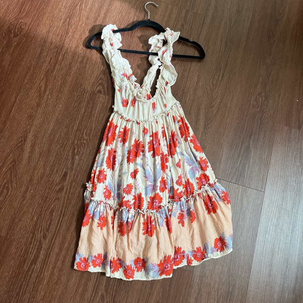 Free People intimately Bali Wild Slip Ruffle Dress with Red and Cream Accents